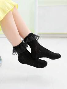 1 par de calcetines hasta la pantorrilla de encaje con contraste de color, cómodos y respirables, calcetines de princesa dulce para niñas