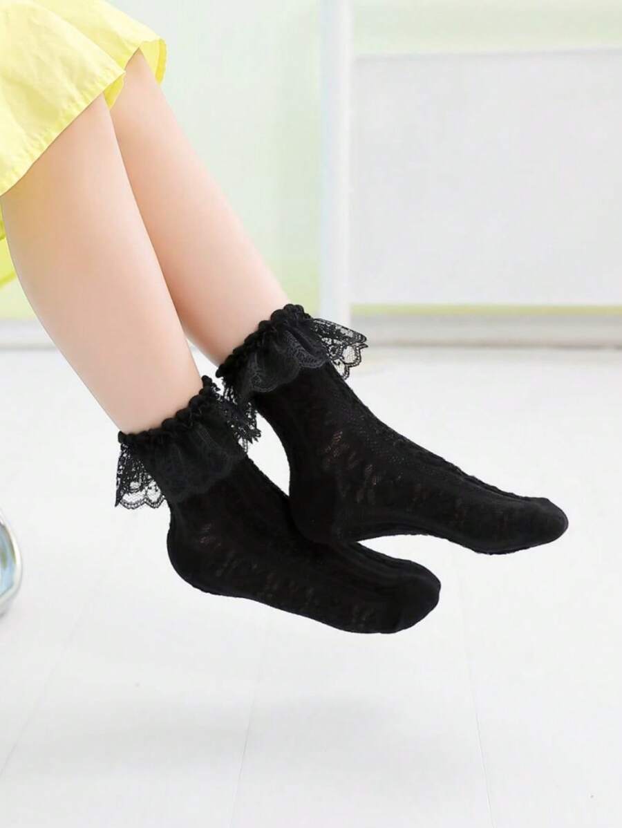 1 par de calcetines hasta la pantorrilla de encaje con contraste de color, cómodos y respirables, calcetines de princesa dulce para niñas