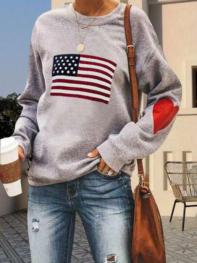Womens 4th Of July Sweatshirts Long Sleeve Round Neck Flag Print Pullovers Oversized Tops