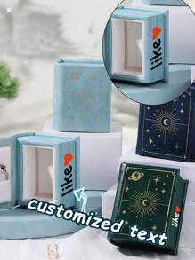 Customized Retro Book Ring Box; Mini Proposal Jewelry Box With Text Personalization; Vintage Celestial Design Ring Holder; Romantic Gift For Wife, Girlfriend, Or Mom; Creative Wedding Or Anniversary Jewelry Packaging.