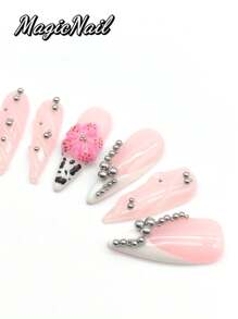 10 Pieces Of Pure Hand-Pressed Wearing Nails, 33mm Long Nail Pieces, Pink And White Contrasting Colors, Multiple Small Silver Balls Form Multiple Line Decorations, Convex Transparent Line Decoration, Hand-Made Convex Flowers Pink Colored Hand-Painted Spotted Small Ball Stamens, Hand-Painted Spotted Spots. Cute Nail Pieces For Spring And Summer. Suitable For Daily Leisure And Vacation Wear.