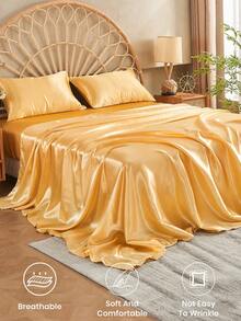 3/4pcs Satin Fitted Sheet Set, Bedding, Bed Sheets, Bed Cover, Silk Fitted Mattress Cover, Skin-Friendly And Comfortable Fitted Sheet For Bedroom, Solid Color Satin Bed Sheets, Deep Pocket Cooling Breathable Bedding, Soft And Silky Minimalism Style Bedding Sheet(1pc Fitted Sheet+1pc Flat Sheet+1/2pcs Pillowcases), For Queen King Twin Full Size, Machine Washable, Perfect Holiday Gift - Champagne - View 5