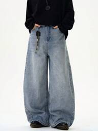 1 قطعة بنطال جينز واسع رخو على الطراز الكوري مغسول بنمط كاجوال واسع الساق