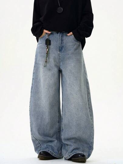1pc Korean Style Men's Loose Washed Denim Casual Baggy Wide Leg Jeans