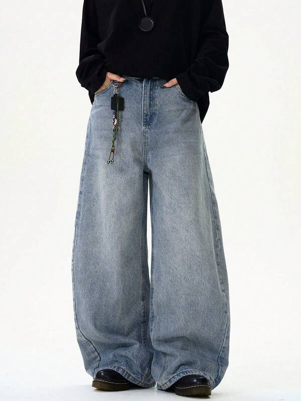 1pc Korean Style Men's Loose Washed Denim Casual Baggy Wide Leg Jeans