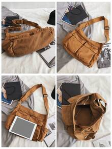 复古邮差包，休闲旅行斜挎包，多口袋单肩包，美式复古厚帆布包，大容量可折叠托特包，学院风学校/大学背包 - 彩色 - 查看 10