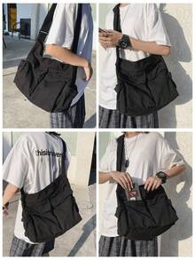 复古邮差包，休闲旅行斜挎包，多口袋单肩包，美式复古厚帆布包，大容量可折叠托特包，学院风学校/大学背包 - 彩色 - 查看 5