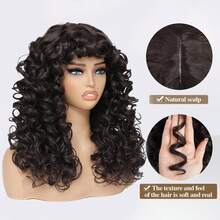 GKtineke-Curly-Wig Big-Curly-Wigs 20 Inch- Long-Curly-Afro-Wig-With-Bangs Synthetic-Hair-Replacement-Wigs-For- Cosplay And Daily (Natural Black) - 黑色 - 查看 3