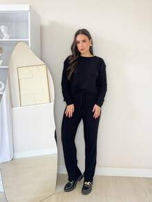 Women's Aerolook Mousse Knit Set Ribbed Knit Trousers And Blouse Cold Weather Clothing Winter 2025 - 黑色 - 查看 2