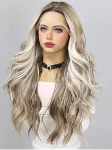 26" Sun Kissed Balayage Wig - T-Part Invisible Lace Front & 3-Tone Highlights - 挑染金色 - 查看 11