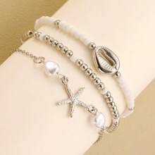Set de 3 pulseras de estilo bohemio con decoración de estrella de mar y conchas con perlas, imprescindible del verano para mujeres