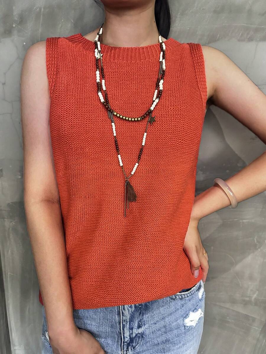 女士春夏度假穿搭宽松舒适时尚休闲毛衣女士无袖背心休闲家居纯色针织吊带衫毛衣