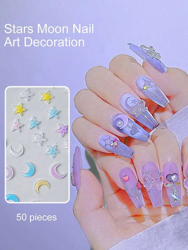 CHARMFORYOU 50 piezas Decoraciones de uñas 3D de acrílico en forma de estrella y luna de estilo Y2K, encantos de joyería con gemas de resina de colores brillantes DIY para arte de uñas adorables, piedras decorativas para uñas