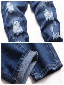 Boys Distressed Ripped Jeans,Retro Blue Fashion Casual Jeans For Boys, Slim Fit Straight Leg Comfort Waist Kids Jeans - 藍色 - 查看 4