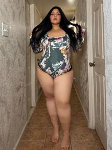 Truni Plus Size Women Square Neck Long Sleeve Camouflage Print Bodysuit, Suitable For Everyday Wear, Music Festival, Concert, Carnival Party, Beach Vacation, Date Night, Birthday, Bachelorette Party Outfit, Club, Cute, Casual, Shopping, Streetwear, Going Out, Flirty, Easy To Match & Looks Slim, Accentuates The Body, Flattering Figure