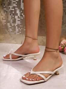 Oversized One Size Up Soft Leather Square Toe Slide Sandals, Open Toe Chunky Heel Sandals, Versatile Slim Strap Flip Flops For Women, Summer
