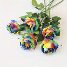 5pcs Colorful Artificial Rose Flowers, Real Touch Fake Flowers, Home Room Office Decor, Floral Centerpiece Decor, Outdoor Garden Yard Decor, Wedding Birthday Bride Gift, Halloween Decor, Christmas Decor - Multicolor - View 9