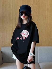 Girls' 100% Cotton Loose Short Sleeve T-Shirt - Cute Printed Summer Casual Tops, Breathable Crew Neck Design, Machine Washable, Lively And Childish Printed T-Shirt