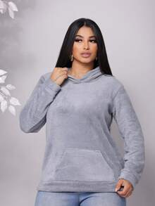 COLD COAT FUR SWEATSHIRT WITH HOOD AND POCKET Simple Casual Tweed Pocket Beach WINTER - Grey - View 3