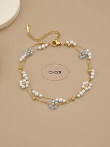 1 peça Pulseira/Tornozelo em Aço Inoxidável Luxuosa de Camada Dupla com Flores de Pérolas Falsas e Contas (Feita à Mão, A Quantidade de Flores de Pérolas e Contas Douradas Pode Variar, o Tamanho é Definitivo)