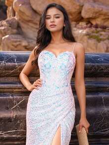 Sequin Mermaid Style Formal Evening Gown, High Slit Design, Suitable For Wedding Guests - Beige - View 7