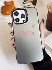 Customized Fashionable Cute Heart-Shaped Letter Signature Design Pink & Apricot Color Mirror Short Phrase Name Phone Case Protective Cover Suitable For IPhone 11 Pro/13 Pro/15 Pro Max, XR, 12, 13, 15, 16 Pro Max - Champagne - View 6