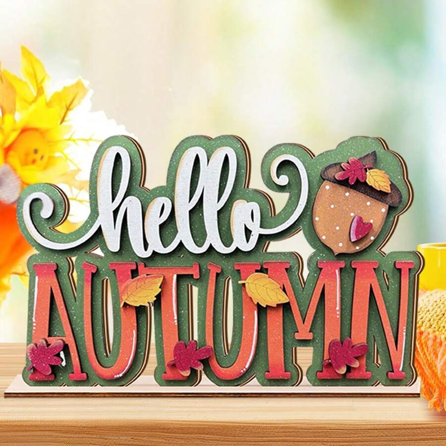 1/220Sets 2D Flat,Hello Autumn Wooden Tabletop Decor,Rustic Pinecone Autumn Leaves Harvest Desk Decor Sign For Farmhouse Thanksgiving Autumn Theme Party Kitchen Decor