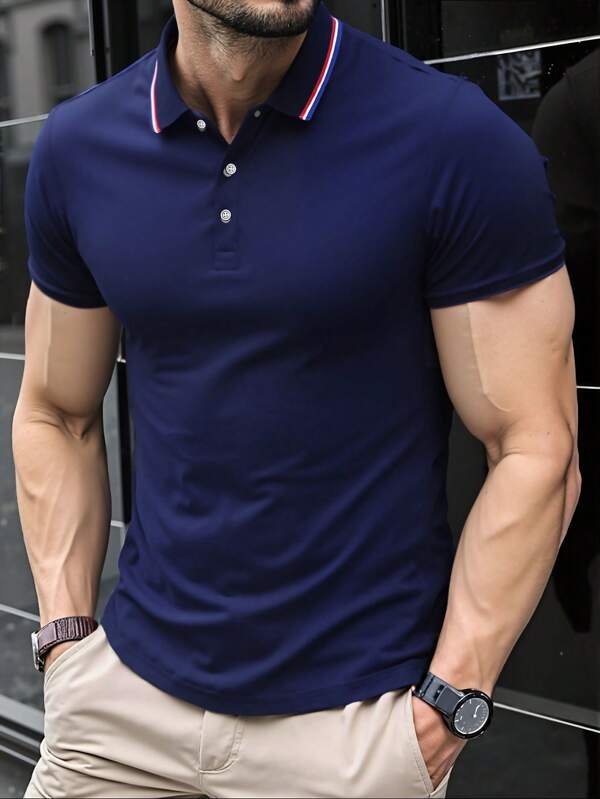 Camisa polo de golf para hombres con ribete de contraste, camisa casual de trabajo con cuello de botones a la mitad y bloques de color, regalo para el novio, para golf, para uso diario, para el verano, para tenis