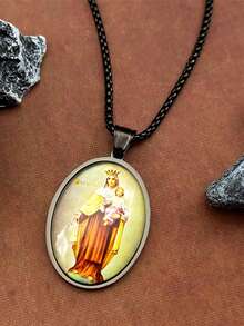 Virgin Mary Holding Baby Jesus Glass Medal Pendant Necklace, Unisex Stainless Steel Gold-Plated Catholic Amulet Necklace Jewelry - Necklace - View 8