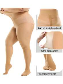 1双/2双加大码女式紧身裤，半透明T型裆部防撕裂高腰连裤袜，加固脚趾 - 彩色 - 查看 7