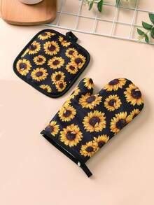 2pcs Sunflower Pattern Kitchen Oven Mitts & Pot Holders Set, Baking And Cooking Accessories - Sunflower - View 1