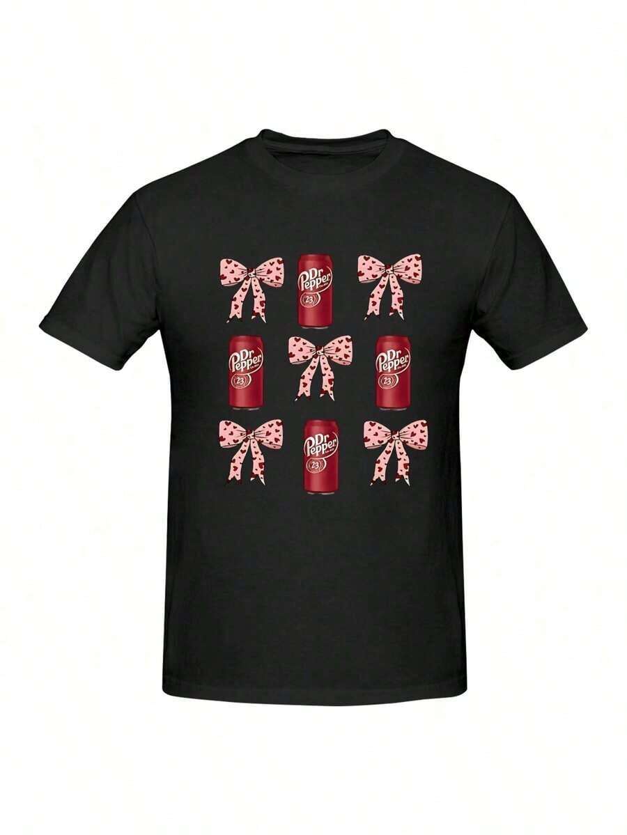 Dr. Pepper Camia con lazo rosa, bebida gaseosa rosa Camilla, Camilla para amantes de Dr. Pepper, Camilla Camia moderna de Dr. Pepper con lazo rosa Coqueta Camisetas impresas de verano Tops de mujer - Negro - Ver 1