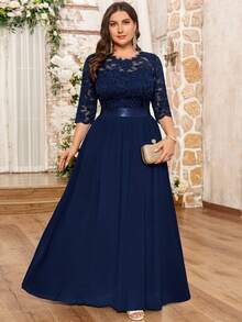 MIUSOL Plus Floral Lace Bodice Flare Hem Evening Party Maxi Formal Dress Elegant Prom Wedding Guest Gown, For Graduation, Dinner