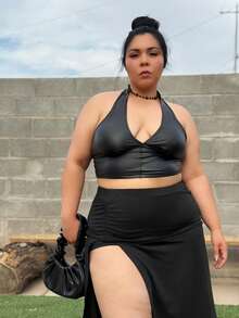 Truni Elyhuante_03 Plus Size Pu Leather Sleeveless Crop Top With Lace-Up Back, For Pear Triangle Body Shape - Black - View 6