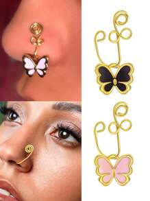 1pc Bohemian Stainless Steel Nose Hoop, Adjustable Size Multi-Color Butterfly & Circle Fake Nose Ring/Clip