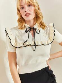 Women Bow Detail Short Sleeve Knit Sweater, Casual Crinkled Ruffle/Frill Contrast Trim Multi-Layered Cake