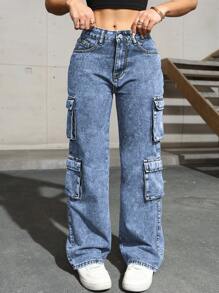 Flap Pocket Side Cargo Denim Jeans Simple Fashionable Daily Casual