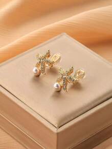 1 par de brincos de cristal estrela do mar e pérola falsa com clipe para mulheres, acessórios elegantes e elegantes para uso diário e presentes