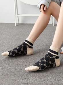 5 Pairs Women Short Socks With Striped Letter Pattern, Multi-Color, Simple, Contrasting Color, Sporty, Fashion, Versatile, Spring/Summer