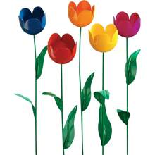 5pcs Metal Tulip Flower Shaped Garden Fence Decor, Yard Edge Decor, Suitable For Fairy Garden, Courtyard, Outdoor Decoration, Multi-Purpose, 5 Color Tulip Design, Metal Tulip Garden Stakes