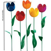 5pcs Metal Tulip Flower Shaped Garden Fence Decor, Yard Edge Decor, Suitable For Fairy Garden, Courtyard, Outdoor Decoration, Multi-Purpose, 5 Color Tulip Design, Metal Tulip Garden Stakes