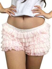 Women's Skorts Shorts Fashion Lace Layered Ruffle Elastic Waist Short Pants Summer Casual Shorts For Girls - Hồng - Xem 3