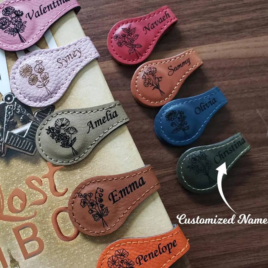 个性化定制皮革诞生花书签，皮革磁性书签，定制皮革书签，男士礼物，女士礼物，返校礼物，学校用品