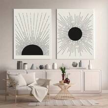 Set Of 2 Minimalist Sun Art Prints - Black & White Abstract Sunburst Designs - Frameless Modern Wall Decor For Living Room, Office - 2D Flat