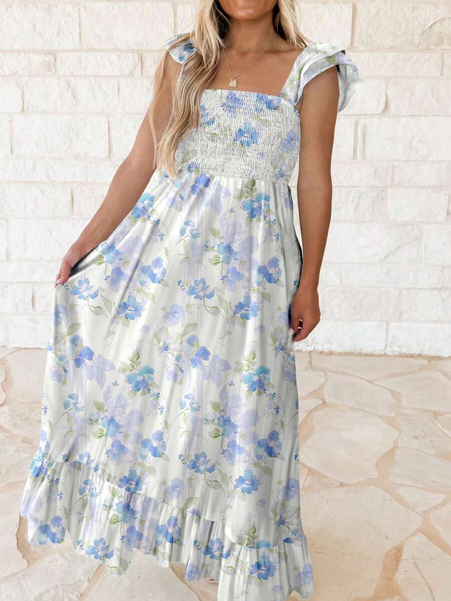 Acelitt Sky Blue Floral Print Square Neck Waist Cinched Double Ruffle Hem Sleeveless Maxi Dress, Summer - Baby Blue - View 1