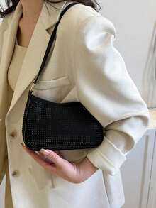 Bolso tipo baguette mini con remaches, bolso de hombro de unicolor, bolso de sobaco, bolso cuadrado apto para compras, billetera, compras, mujeres jóvenes, estudiantes universitarias, principiantes, oficinistas. Apropiado para oficina, universidad, trabajo, negocios, viajes al trabajo, actividades al aire libre, viajes y picnics - Negro - Ver 8