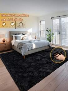 1 pieza Alfombra de área rectangular negra de lujo con pelo largo, estilo nórdico minimalista para sala de estar o dormitorio, alfombra suave y cómoda de moda adecuada para uso en interiores en todas las estaciones.