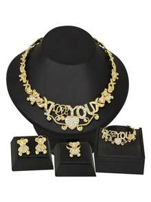 5 Pieces Fashion Cute Bear "I Love You" Gold Color Exaggerated Earrings Necklace Ring Bracelet Elegant Women's Wedding Engagement Party Jewelry Set - 套裝 - 查看 1