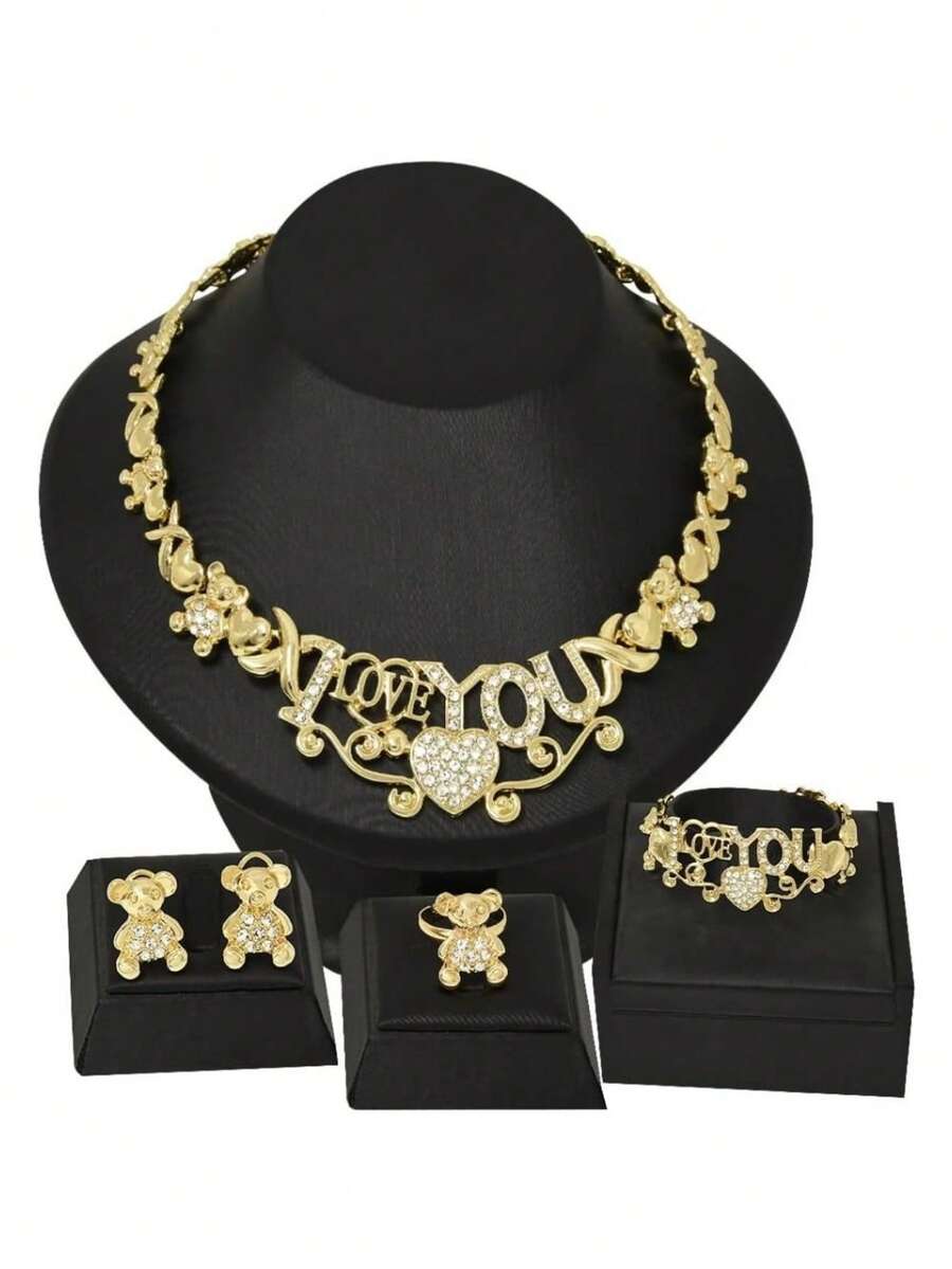 5 Pieces Fashion Cute Bear "I Love You" Gold Color Exaggerated Earrings Necklace Ring Bracelet Elegant Women's Wedding Engagement Party Jewelry Set - 套裝 - 查看 1