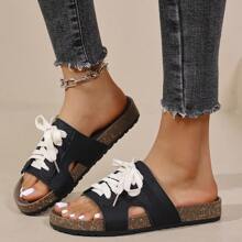 Sandalias de suela gruesa con cordones para mujer, chancletas estilo bohemio en color negro, zapatos planos casuales para playa y vacaciones de verano